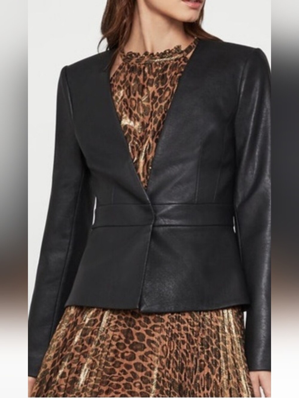 BCBGMaxAzria Black Faux Leather Peplum Blazer